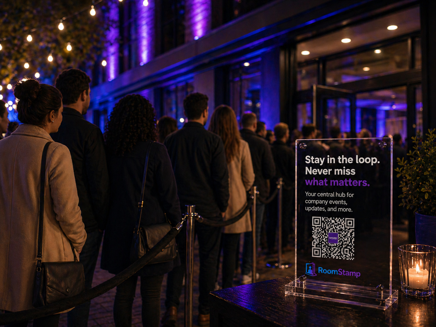 Guests outside a venue; a tabletop sign in the foreground suggests check-in—the same handoff you control online and on the floor.